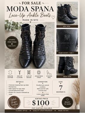 Moda Spana Black Lace-Up Leather Ankle Boots